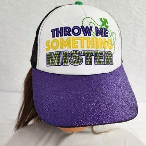 Mardi Gras Hat Throw Me Something Mister Purple Gold Green Adult Trucker